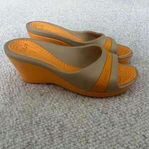 CROCS Women's Wedge Sandals in Tan and Orange